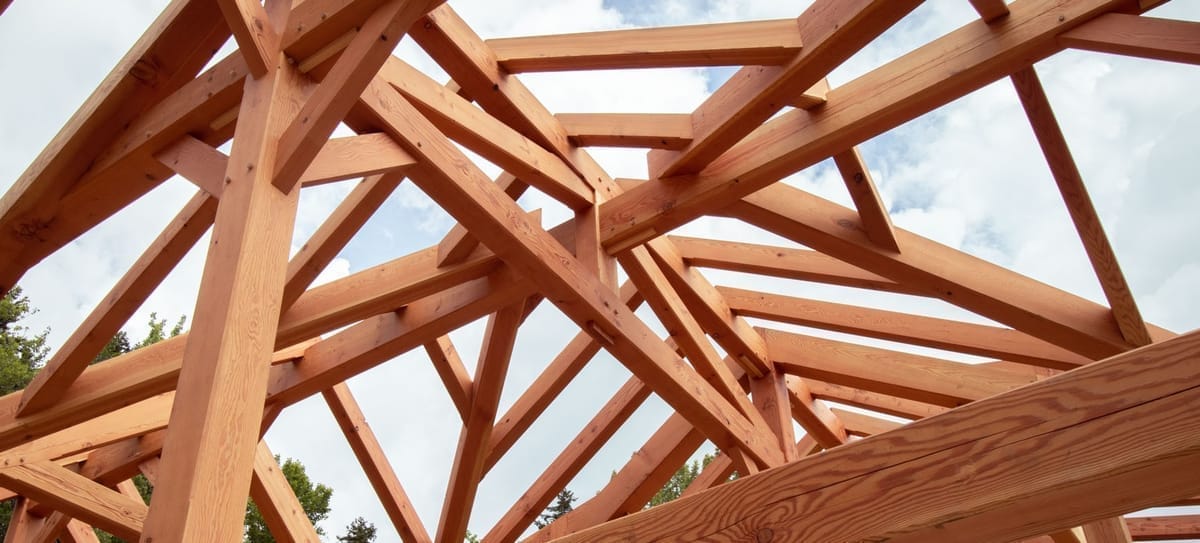 King strut timber truss span with housed joinery in kiln-dried Douglas fir