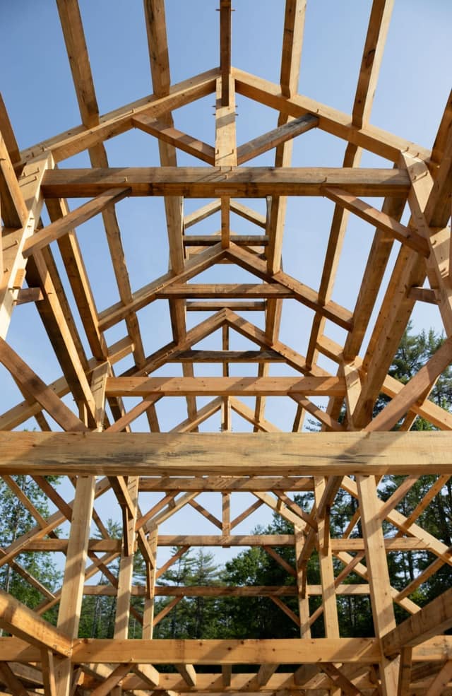 Five-bent king post truss with purlins and open second floor