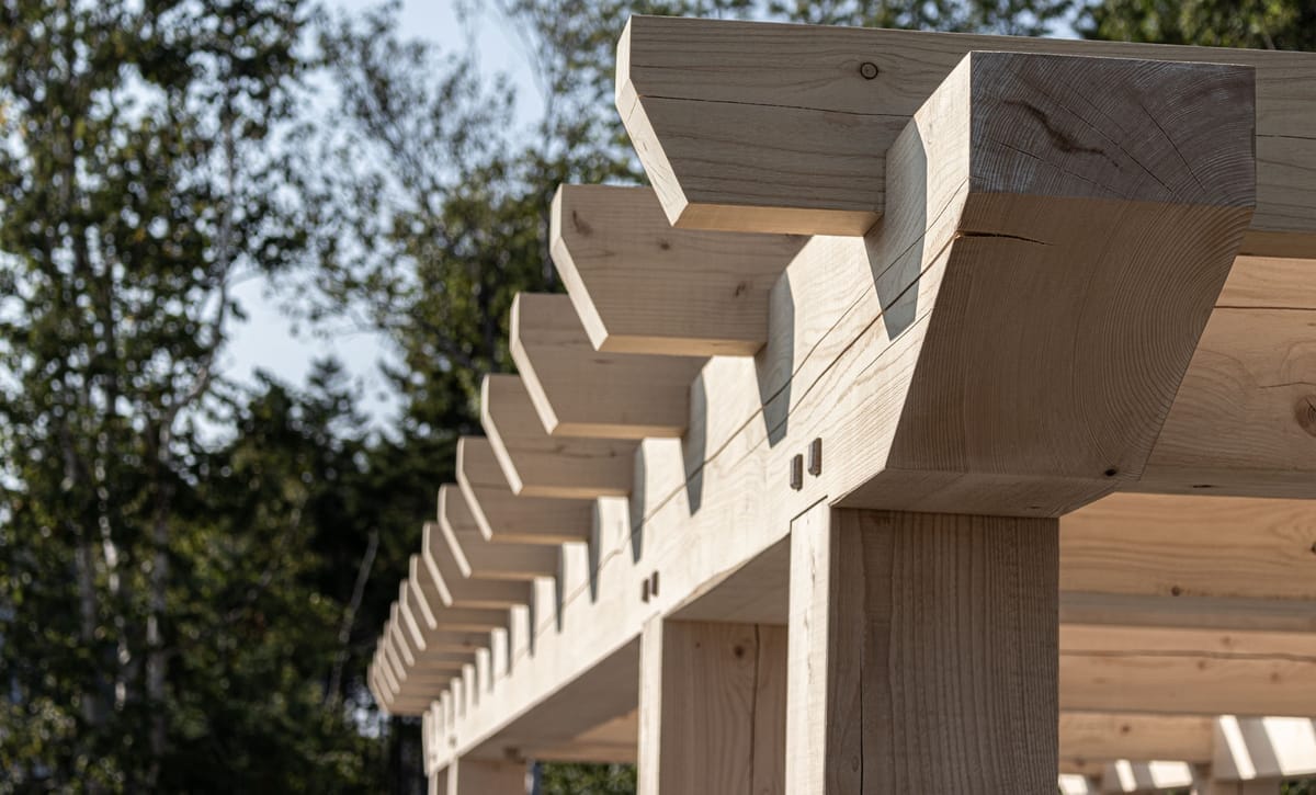 Japanese style pergola, continuous plate with scarf joint in port-orford cedar